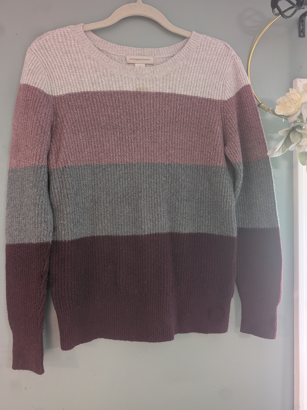Christopher & Banks Women's Striped Crew Neck Sweater - Pink, Gray, Burgundy